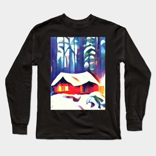 Snowy Cabin Scene Long Sleeve T-Shirt by mw1designsart